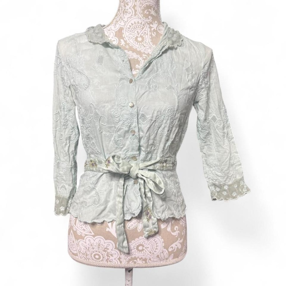 Odille by Anthropologie Embroidered Button Up Top Size 8 Silk and Cotton Blend